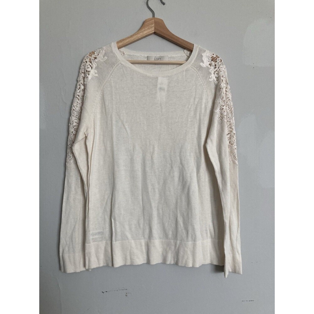 New LOFT Lace Appliqué Knit Sweater LARGE Ivory Long Sleeve